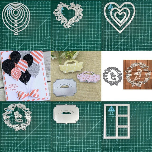 Metall Stanzformen Set für Scrapbook und DIY Dekoration mit Motiven wie Tasche, Fenster, Liebe, Ballon und Kaffeetasse in Silber - Bild 1