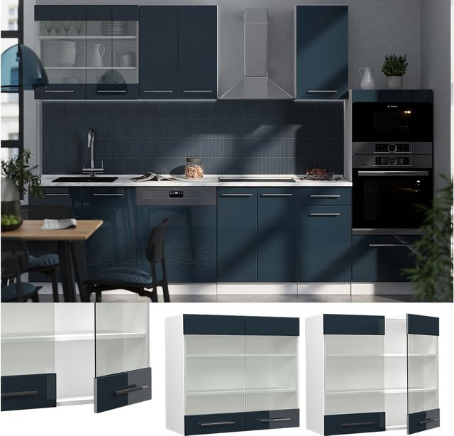 Vicco Glashängeschrank Fame-Line Küchenschrank mit Glastüren in Weiß und Dunkelblau Hochglanz, Breite: 80 cm - Bild 1
