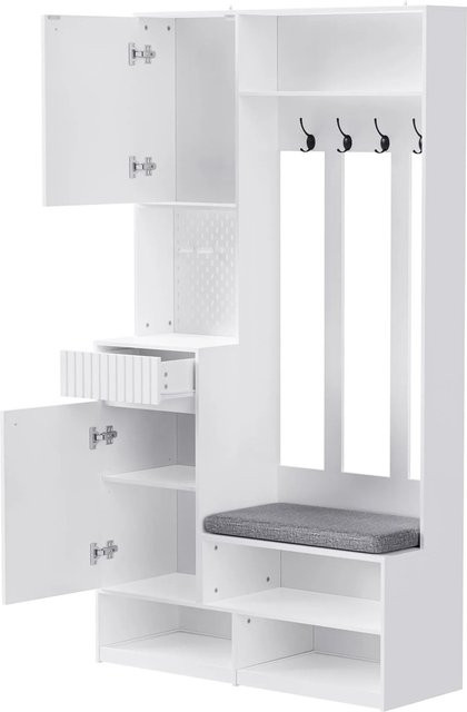 okwish Garderoben Set mit Sitzbank in Weiß, modern mit 4 Haken, Türen und Schubladen, B/H/T: 100 x 180 x 35 cm - Bild 1