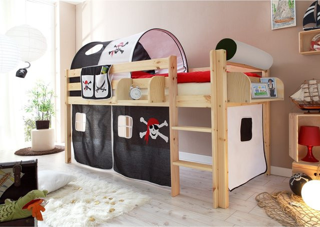 TiCAA Hochbett Malte aus Kiefer Natur in Braun mit Leiter für Kinder, B/T/H: 90 x 200 x 199 cm - Bild 1