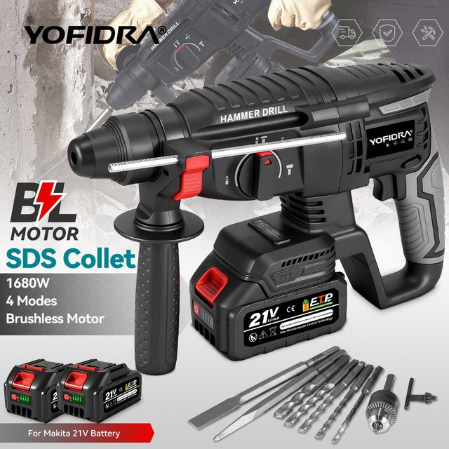 YOFIDRA Bürstenloser Akku-Bohrhammer 26mm Multifunktions-Schlagbohrmaschine in Schwarz, kompatibel mit Makita 18V LXT Akkus - Bild 1