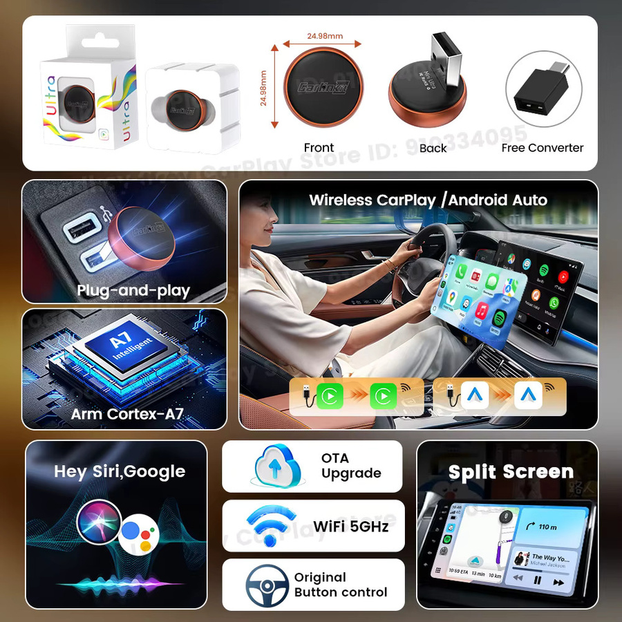 Carlinkit Mini Ultra 2in1 Adapter für kabelloses CarPlay und Android Auto mit 5GHz WLAN, USB-C und USB-A, Schwarz/Orange - Bild 3