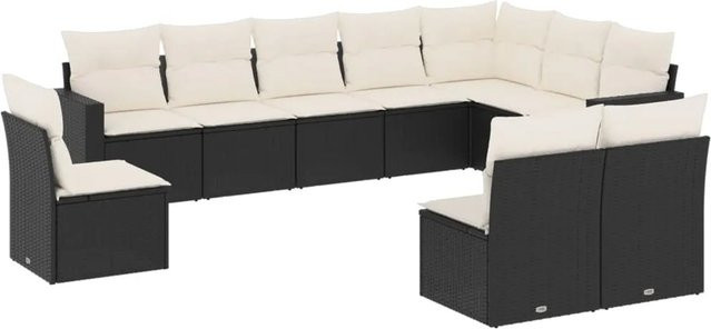 vidaXL 10-tlg. Garten-Sofagarnitur in U-Form aus Polyrattan mit Kissen, Schwarz und Cremeweiß - Bild 1