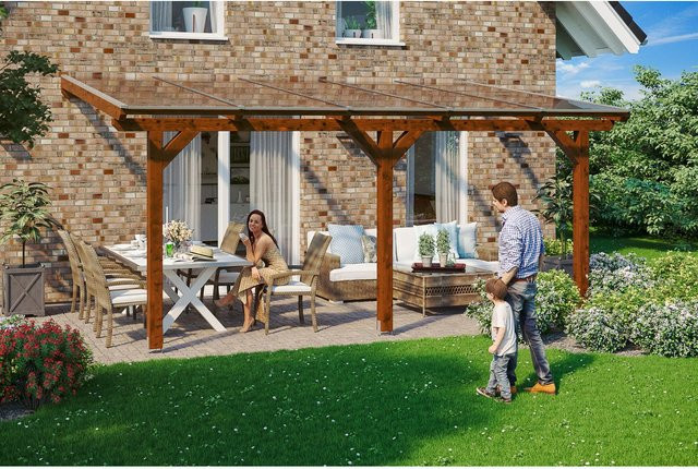 Skan Holz Terrassenüberdachung Andria aus Leimholz in Nussbaum Braun B/T/H: 541 x 350 cm mit Polycarbonat Dach - Bild 1