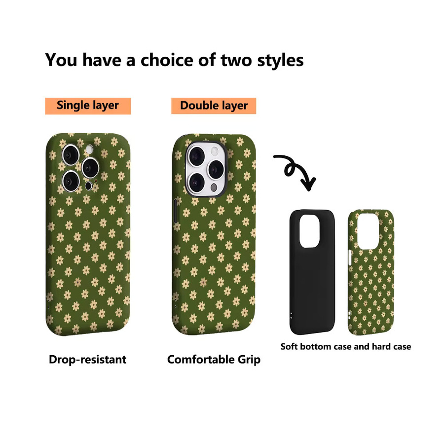 Handyhülle mit grünem und beigem Blumenmuster für Apple iPhone 17 16 15 14 13 12 11 Pro Max Plus mit doppelschichtiger Rückseite - Bild 3