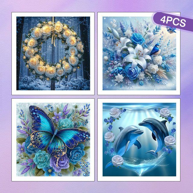 HUACAN 4er Set Diamantmalerei 5D mit Blumen, Schmetterlingen, Lilien und Rosen, Mosaik Kunsthandwerk mit runden Bohrern, Mehrfarbig - Bild 1
