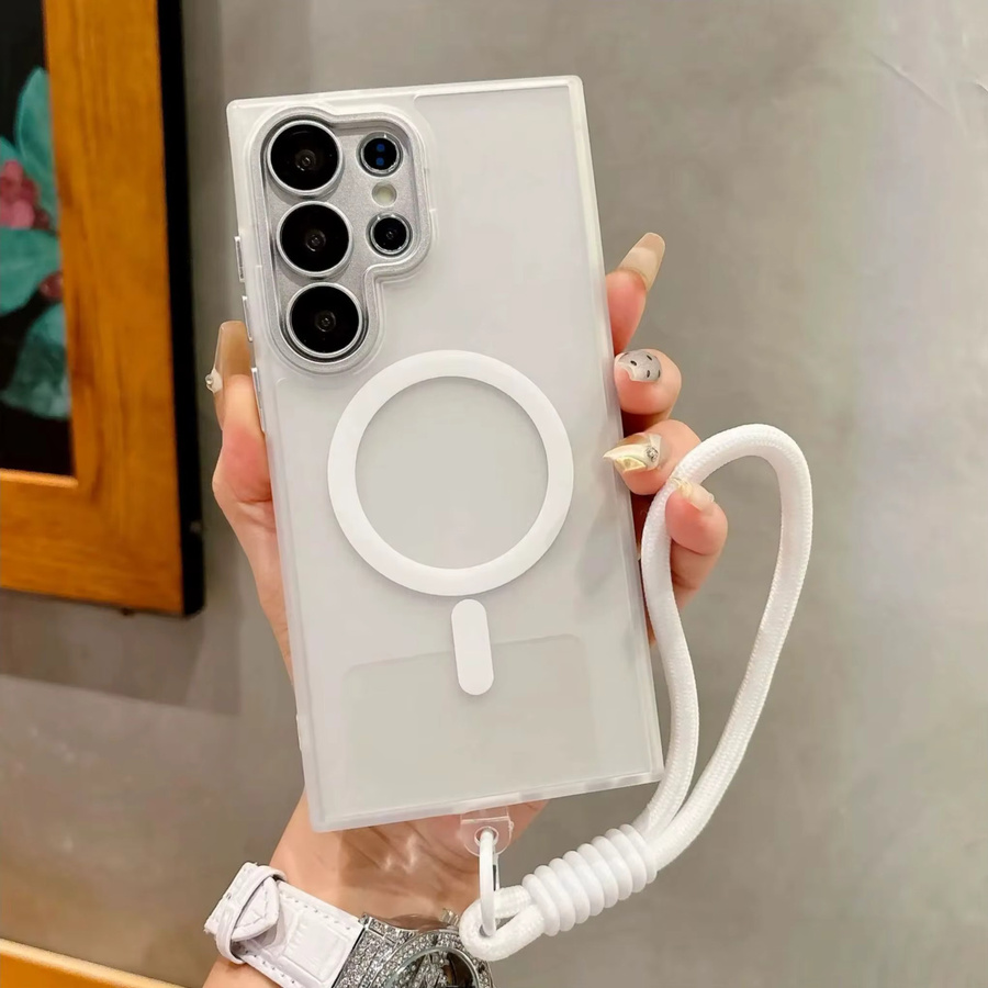 Luxus Handgelenk Gurt und MagSafe Magnetische Schutzhülle für Samsung Galaxy S25 S24 S23 S22 A56 A36 A26 A16 A06 in Weiß mit Matt-Effekt und Metall Objektiv Abdeckung - Bild 2