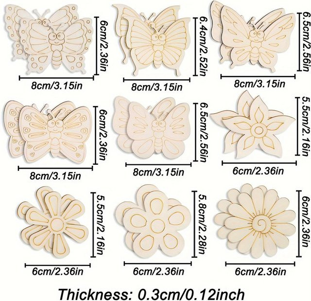 WTEMPO 18er-Packung unbehandelte Holz-Bastelrohlinge in Schmetterlings-, Blumen- und Herzformen für DIY-Dekorationen, Beige - Bild 1