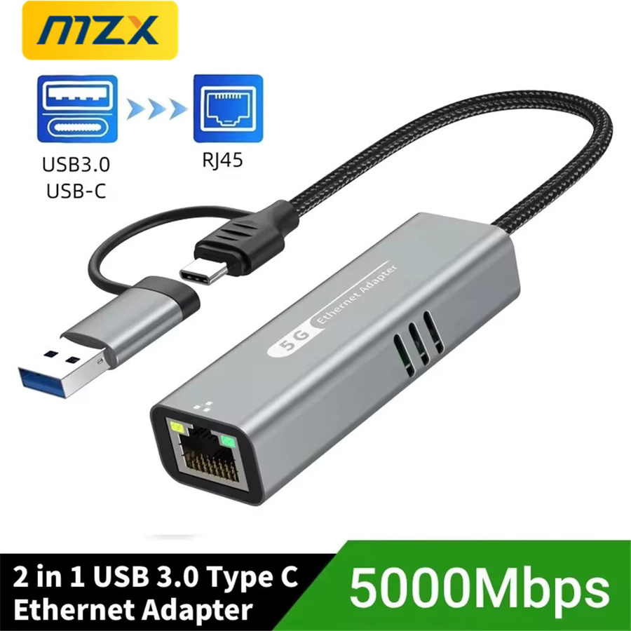 MZX USB A und USB C zu RJ45 Ethernet LAN Adapter 5000Mbps Wired Networking Konverter in Silber - Bild 2