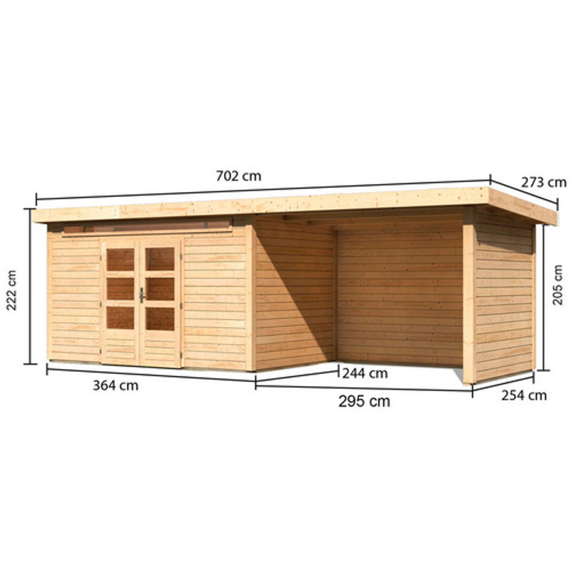 KARIBU Gartenhaus Kandern aus Holz in Braun mit Anbaudach B/H/T: 655 x 222 x 244 cm - Bild 2