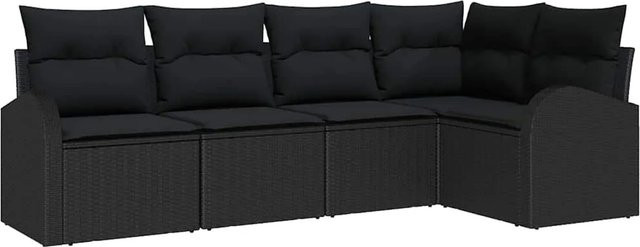 vidaXL Garten-Sofa-Set aus Poly Rattan in Schwarz, 5-teiliges L-Shape Lounge-Set mit Kissen und Armlehnen - Bild 1