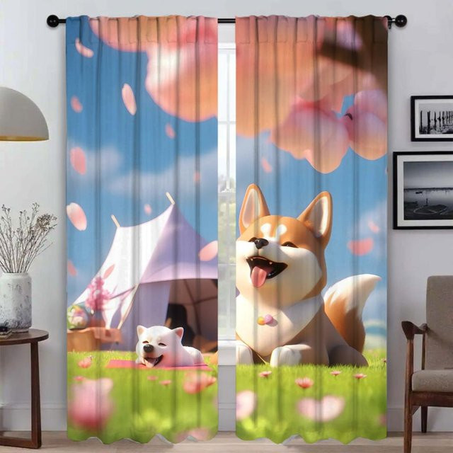Shiba Inu Fenstergardine Set mit 2 Paneelen, halbtransparentes Design mit Tiermotiv, B: 60 cm, H: 90 cm pro Paneel - Bild 1