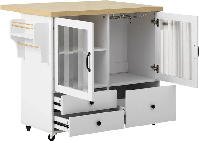 okwish Kücheninsel mit Rollen und ausziehbarem Esstisch in Weiß mit Weinglashalter, B/T: 100 x 42 cm, Höhe: 70 bis 91,5 cm - Bild 1