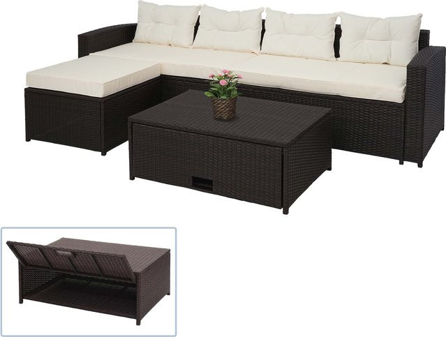 MCW Poly-Rattan Lounge-Set J34 4-teilig in Braun mit Creme-Beigen Kissen und Staufach - Bild 3