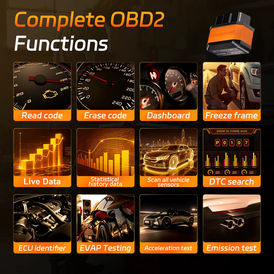 KONNWEI KW905 ELM327 OBD2 Scanner Bluetooth 5.0 Diagnose Tool für Android und iOS in Orange und Schwarz - Bild 2