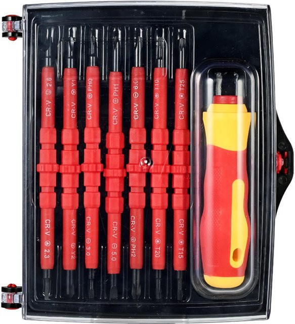 Meterk 7-in-1 Wechsel-Isolierschraubendreher-Set 1000 V mit magnetischen Kreuzschlitz- und Schlitz-Bits in Schwarz und Rot - Bild 1