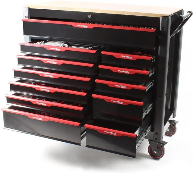 Mephisto-Tools Pro-Line BIG XXL Werkzeugwagen aus Stahl in Schwarz-Rot mit 12 Schubladen und Werkzeugbestückung - Bild 1