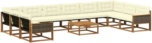 vidaXL Outdoor-Sofagarnitur in U-Form aus massivem Akazienholz mit 11 Textilene-Kissen in Beige und Natur - Bild 1