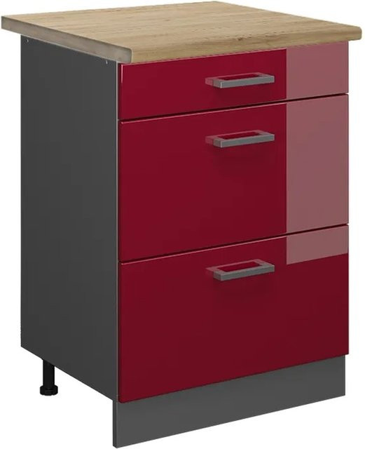 Vicco Küchenunterschrank R-Line in Bordeaux Hochglanz und Anthrazit mit Eiche-Optik und Schubladen, Breite: 60 cm, Höhe: 81,6 cm, Tiefe: 60 cm - Bild 1