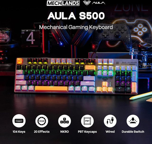 AULA S500 Mechanische Gaming-Tastatur mit 104 Tasten, RGB-Hintergrundbeleuchtung und PBT-Tastenkappen, Schwarz-Gelb-Multicolor, Kabelgebunden für PC - Bild 1