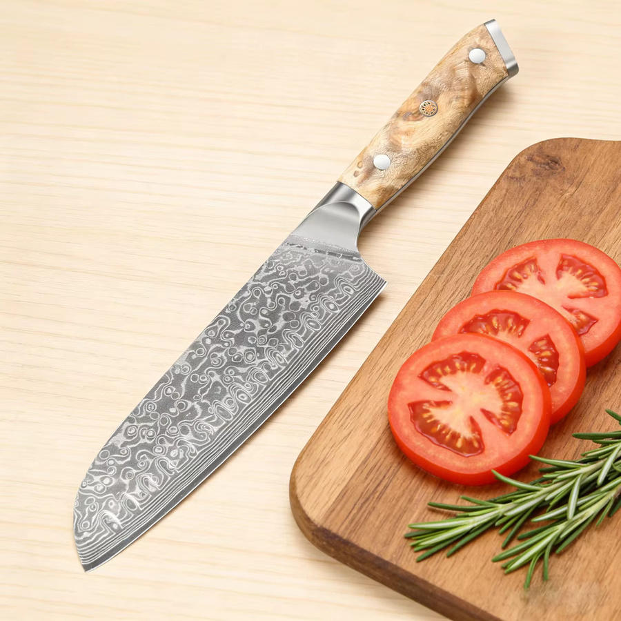 Baovim Santoku-Küchenmesser aus Damast-Edelstahl mit Naturholzgriff in Silber - Bild 3