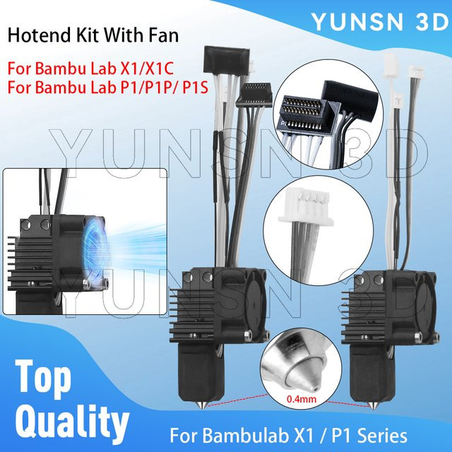 Bambu Lab Hotend-Kit mit Lüfter und 0,4 mm gehärteter Stahl Düse für X1, X1C, P1, P1S und P1P 3D-Drucker in Schwarz - Bild 1