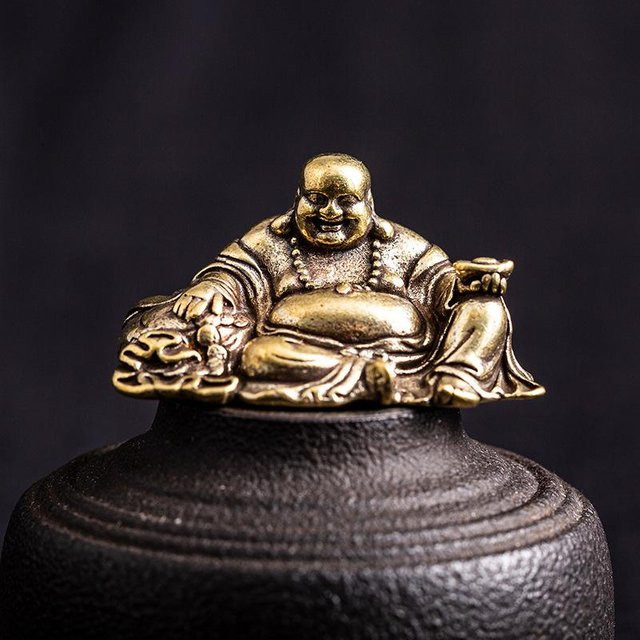 Antike Maitreya Buddha Figur aus Kupfer-Legierung in Gold für Feng Shui Glücksbringer - Bild 1