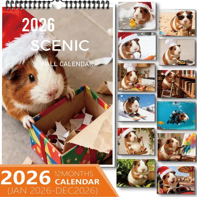 Festlicher Wandkalender mit Meerschweinchen-Motiv in Mehrfarbig, monatlich gestaltet - Bild 1