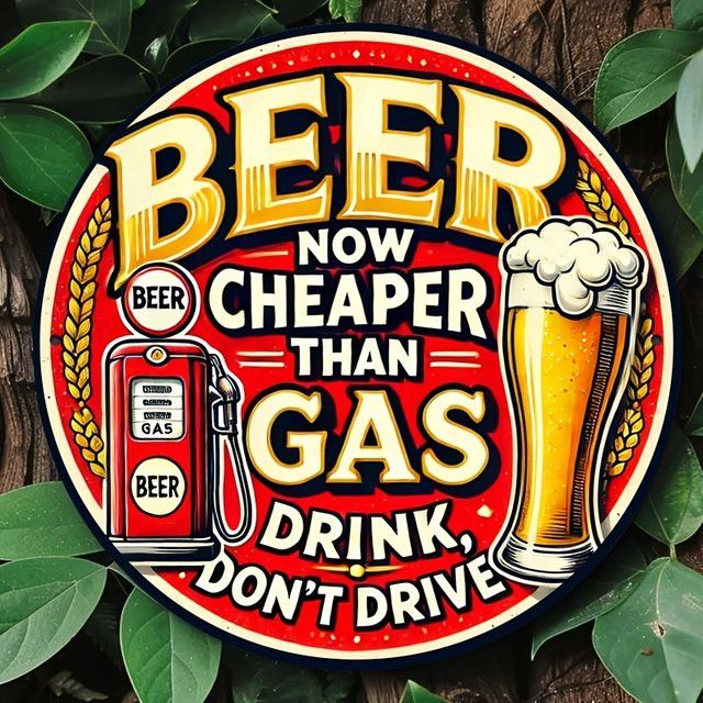 Rundes Aluminium-Wandkunstschild von Potdemiel im Vintage-Stil mit Motiv Beer Now Cheaper Than Gas, Drink Don't Drive, mehrfarbig - Bild 1