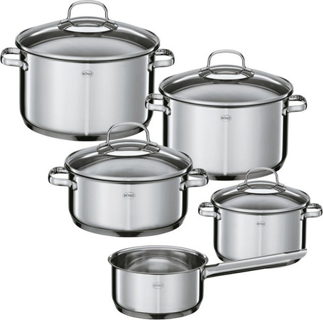 RÖSLE Topfset Elegance 5-tlg. aus Edelstahl in transparent mit Kochtopf 16 cm, Bratentopf 20 cm, Stielkasserolle 16 cm und Glasdeckel 16 cm