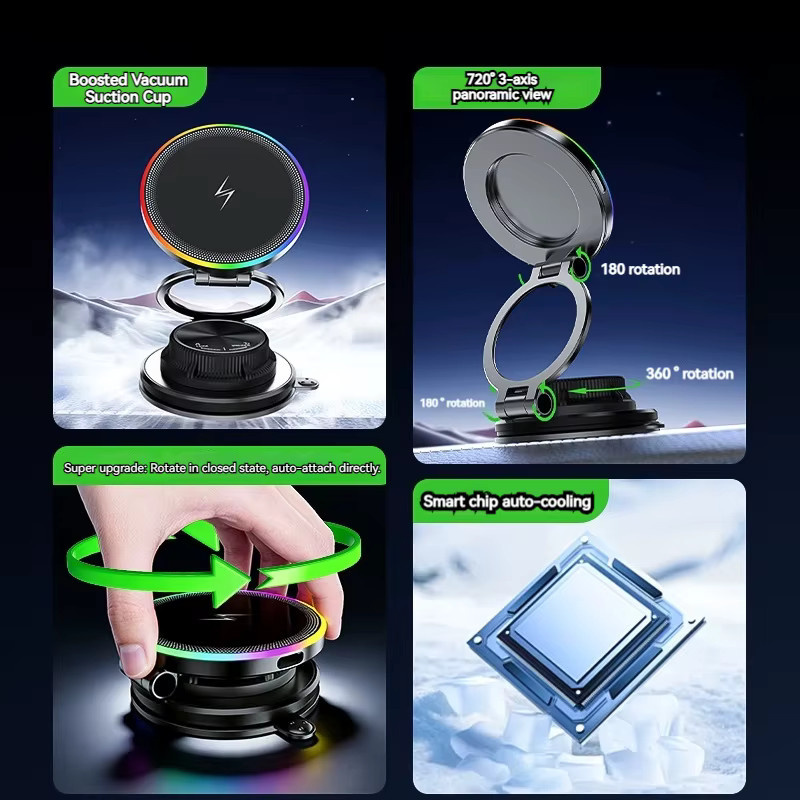 TONGDAYTECH Kabellose 15W Magnetische Ladehalterung mit Vakuum-Saugmagnet und 360 Grad Drehbarkeit in Schwarz für iPhone und Samsung - Bild 4