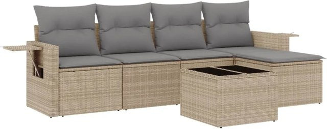 vidaXL 6-teilige Garten-Sofagarnitur aus Poly-Rattan in Beige mit Kissen und pulverbeschichtetem Stahlgestell - Bild 1