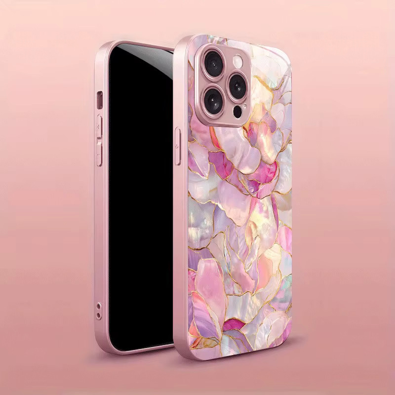 Apple iPhone Handyhülle aus Glas mit rosa Kristall-Blumen-Charm und Metallic-Design für iPhone 17 16 15 14 13 12 11 Pro Max und Plus Modelle - Bild 2