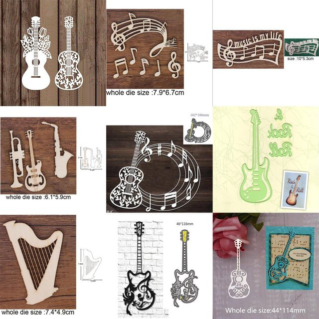 Metall-Stanzform in Silber für Papier-Handwerk mit Musiknoten und Gitarren-Motiv - Bild 1