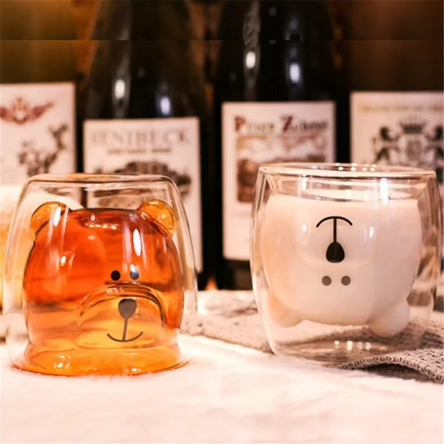 Venlohome Doppelwandiger Glasbecher Transparent mit Bär- und Katzen-Design für Kaffee, Milch oder Saft - Bild 3