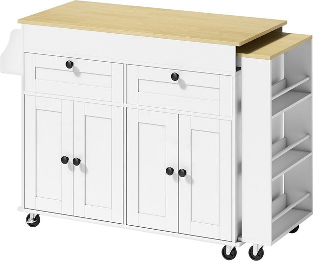 Aosom Kücheninsel mit ausziehbarer Arbeitsplatte in Weiß im rustikalen Stil mit 2 Schubladen, 4 Türen, Geschirrtuchhalter und Gewürzregal, B/T/H: 127,2-189,2 x 50 x 87,8 cm - Bild 1