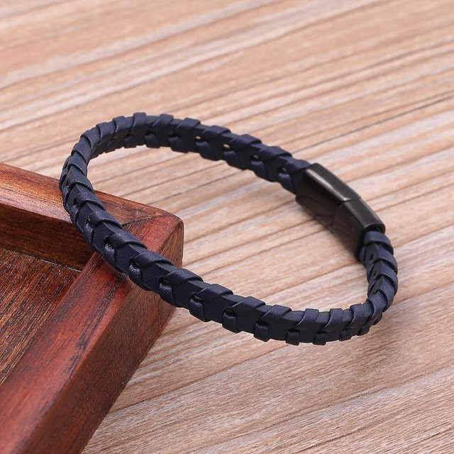 Armband Leder, geflochten, Schwarz, Edelstahl, Magnetverschluss, Herren, 23 cm - Bild 1