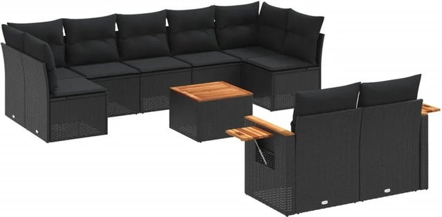 vidaXL 10-tlg Garten-Sofagarnitur in L-Form aus Polyrattan und Akazienholz mit Kissen, Schwarz - Bild 1