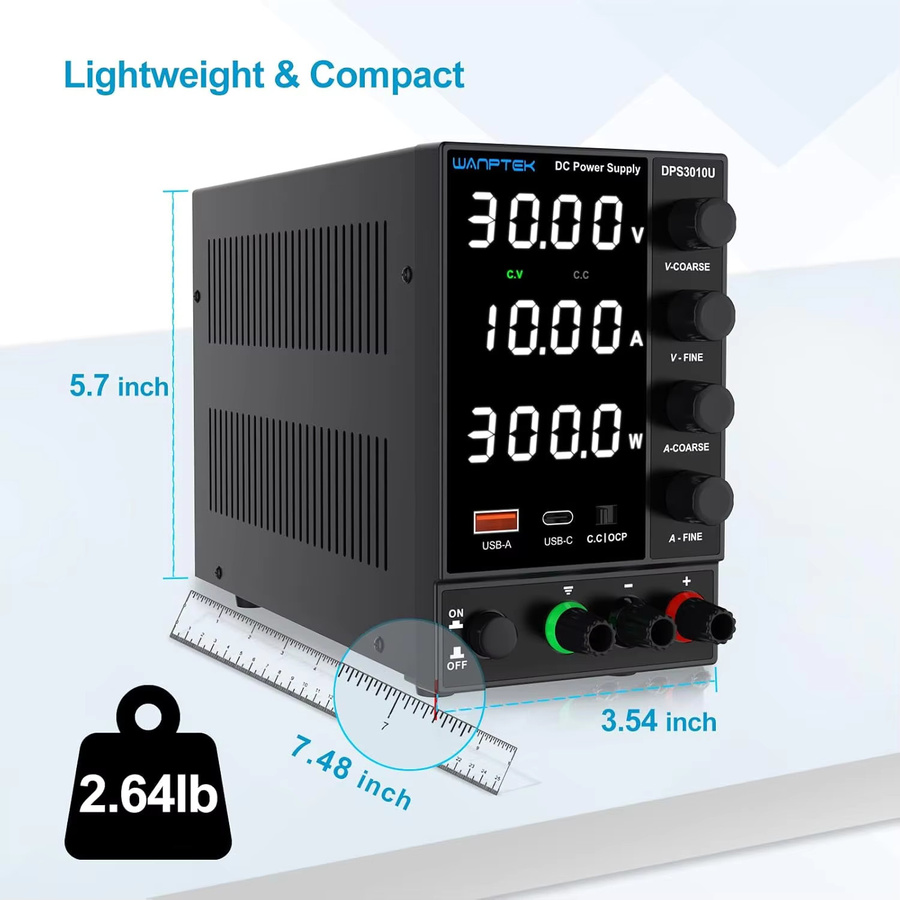 Wanptek Labornetzteil mit 30 V 10 A, USB und Typ-C Dual-Ladeanschlüssen, Schwarz - Bild 3