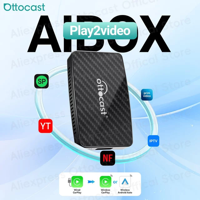 OTTOCAST Play2Video AI Box Schwarz Wireless CarPlay und Android Auto Adapter für YouTube und Netflix - Bild 1