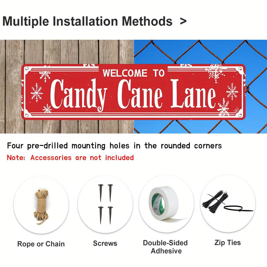 Vintage Weihnachtsblechschild Welcome to Candy Cane Lane Wanddekoration in Rot und Weiß, B/H: 40,6 x 10,2 cm - Bild 2