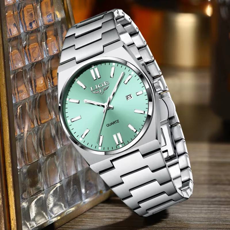 LIGE Armbanduhr Quarz, Edelstahl, Silber, Herren, Grün, Analoguhr - Bild 2