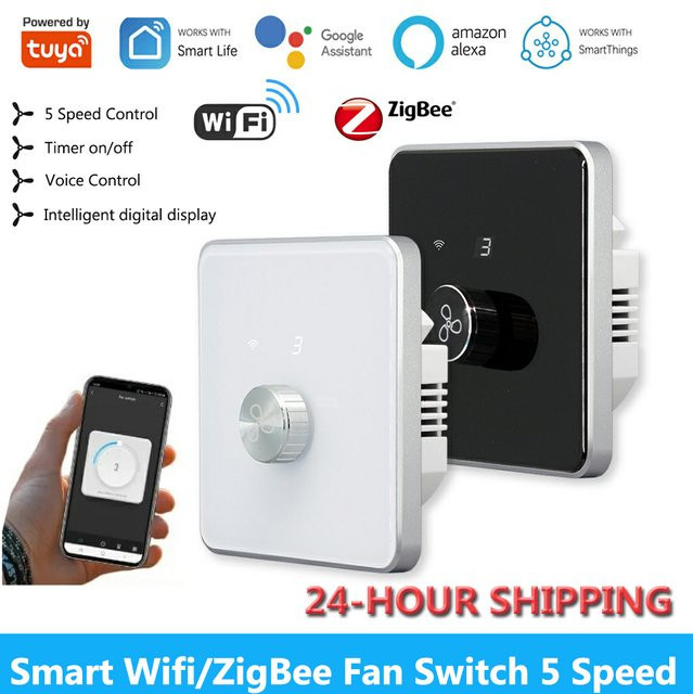 MAKERIGH Smart Wifi und ZigBee Lüfterschalter in Weiß mit 5-Gang-Steuerung und Tuya App-Steuerung für Deckenventilatoren, kompatibel mit Alexa und Google Home - Bild 1