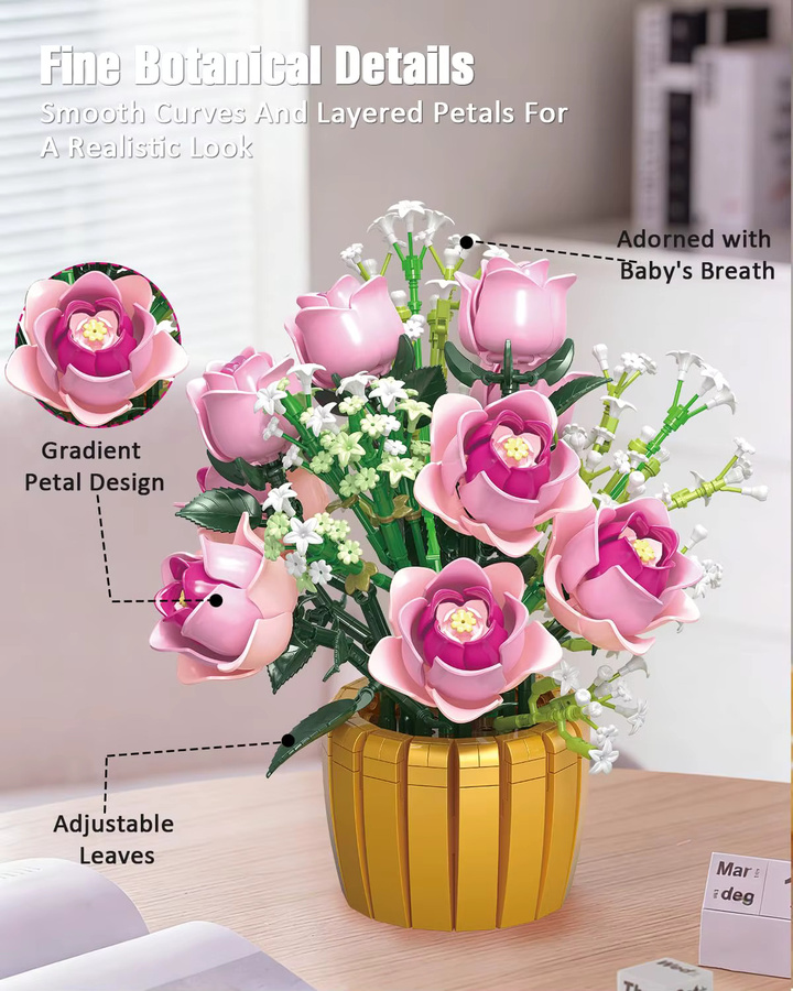 AMAZINGBLOKS Rosa Rosen-Blumentopf-Bausteinset, 1056 Teile, ab 14 Jahren - Bild 3