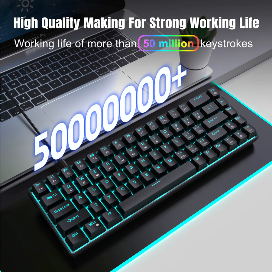 HXSJ Mechanische 68-Tasten-Tastatur in Schwarz mit Hintergrundbeleuchtung, zweifarbigen Tastenkappen und abnehmbarem USB-C-Kabel - Bild 4