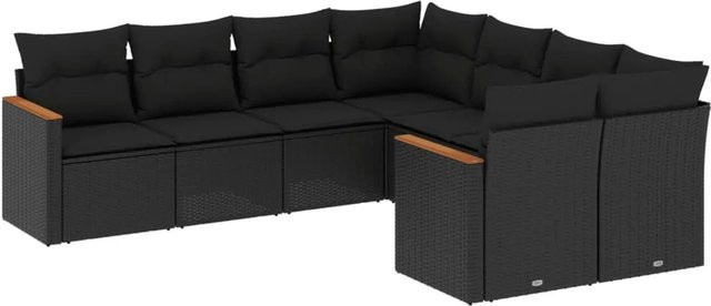 vidaXL 8-teilige Garten-Sofagarnitur in L-Form aus Poly-Rattan und Akazienholz mit Kissen in Schwarz - Bild 1