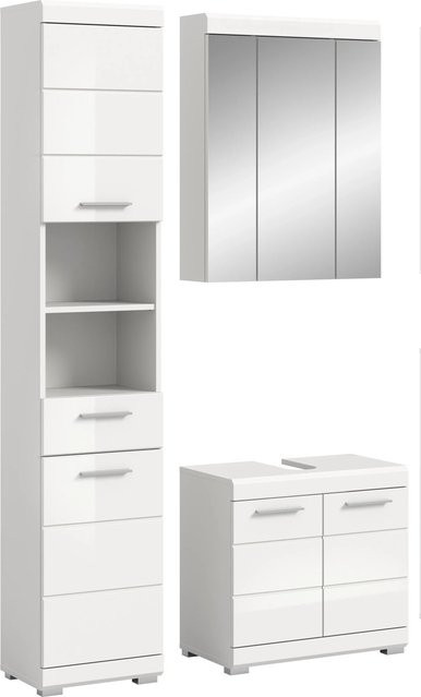 3-teilige Badkombination Scout von xonox.home in Weiß Hochglanz, bestehend aus Waschtischunterschrank, Hochschrank und Spiegelschrank, B/H/T: 112 x 191 x 34 cm - Bild 1