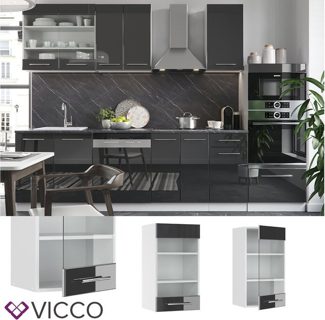 Vicco Küchen-Hängeschrank Fame-Line mit Glastüren in Anthrazit und Weiß Hochglanz, Breite: 40 cm - Bild 1