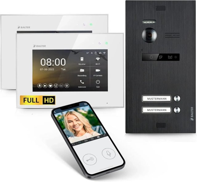 Balter EVO-HD Video-Türsprechanlage für Zweifamilienhäuser mit App-Steuerung und 2x 7 Zoll Monitoren in Weiß-Schwarz - Bild 1