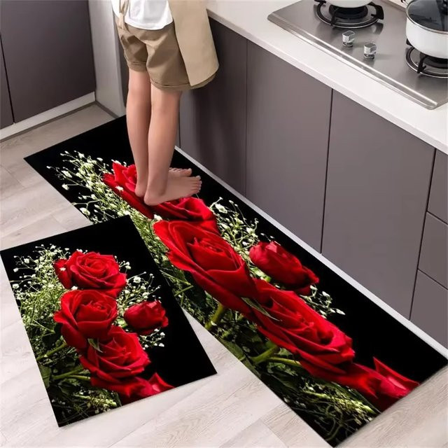 VIKAMA Küchenbodenmatte mit Rosenmuster in Rot, rutschfest und saugfähig, dekorativer Teppich für Küche und Esszimmer - Bild 1